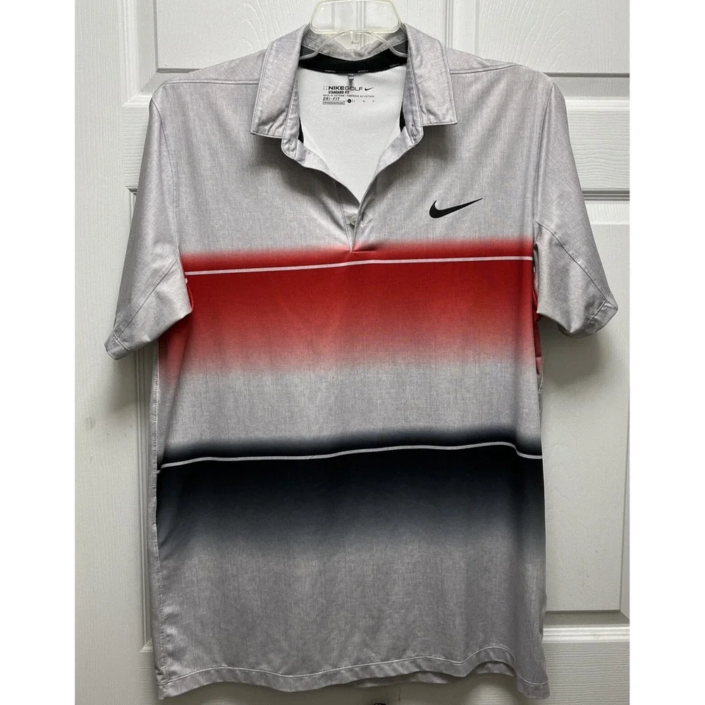 Nike Men's Golf Dry Fit Large Gray And Red WoodField Golf Course On Sleeve